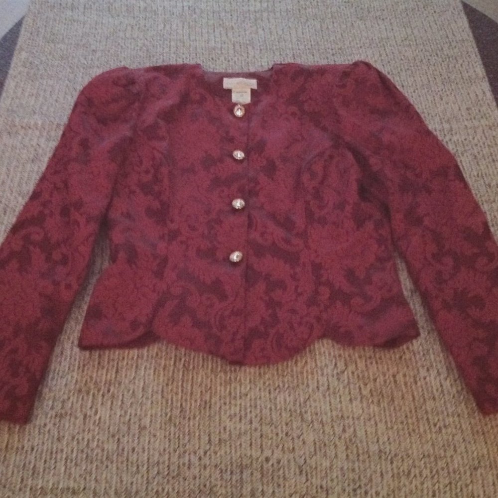 2 PC. DESIGNER VINTAGE SUIT - JACKET AND MAXI SKIRT RED BROCADE